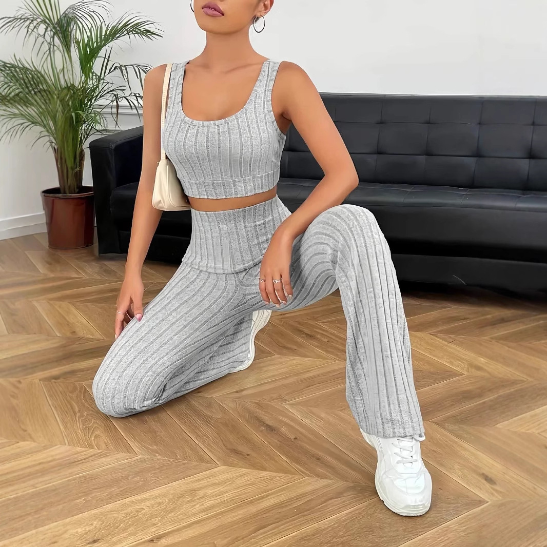 Solid Color Cropped Tank Top And Bell bottom Pants Tan - Shop at LoveMi