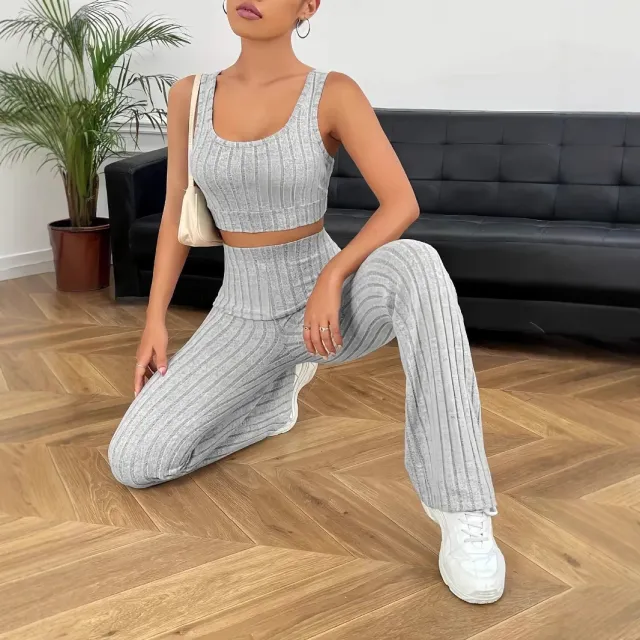 Solid Color Cropped Tank Top And Bell bottom Pants Tan - Shop at LoveMi