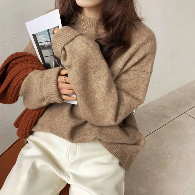 Loose And Lazy Style Round Neck Women's Sweater Pullover Heather Camel - Shop at LoveMi