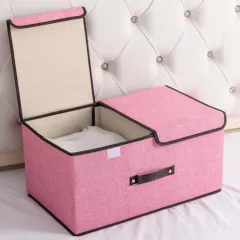 Cotton And Linen Fabric Double Lid Storage Box Foldable - Pink - View 1