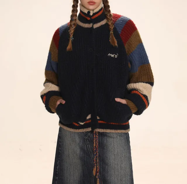 Women's Winter Stand Collar Knitted Cardigan Navy - Shop at LoveMi