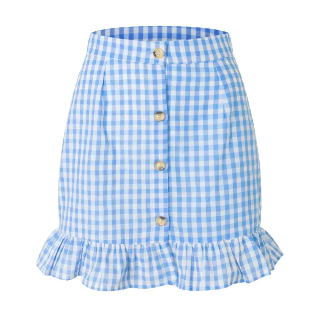 Women's Plaid Lotus Leaf Skirt High Waist Blue - Shop at LoveMi