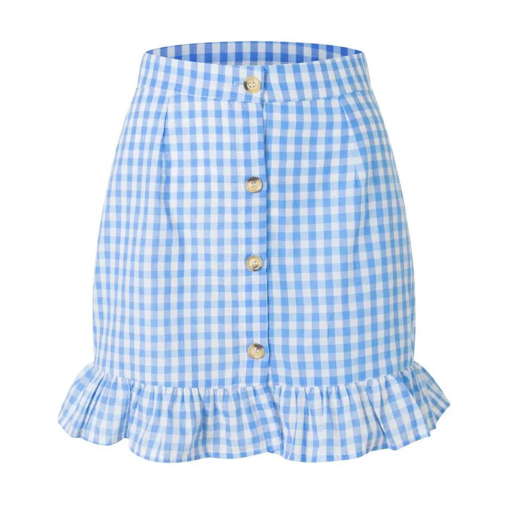 Women's Plaid Lotus Leaf Skirt High Waist - Blue
