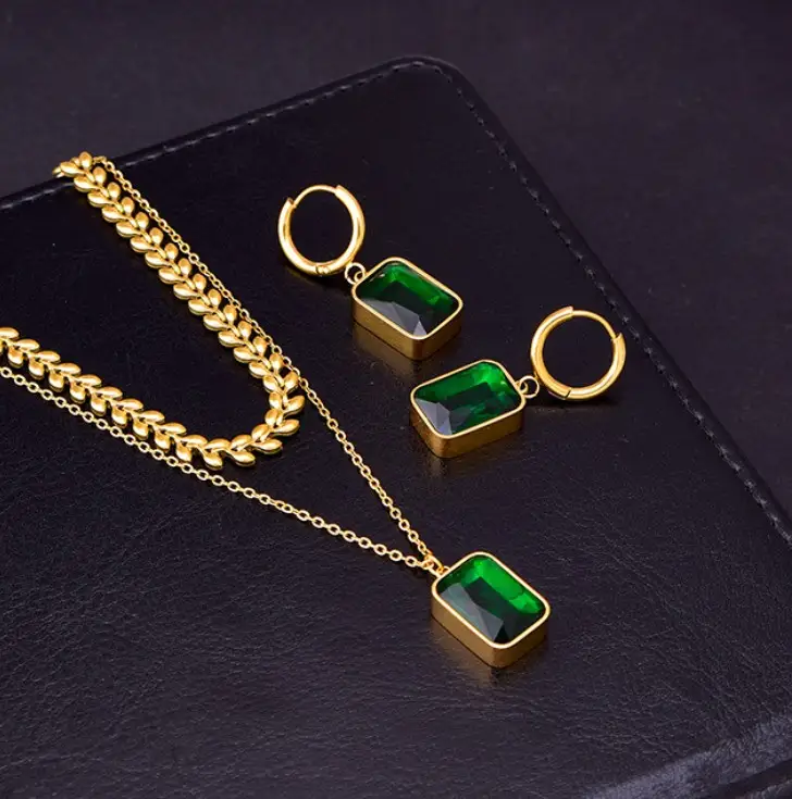 Women's Emerald Double-layer Wheat Lvzuan Necklace Earrings