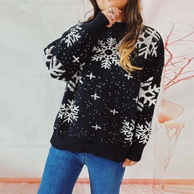 Women's Fashion Christmas Snowflake Round Neck Long Sleeve Knitted Sweater Black - Shop at LoveMi