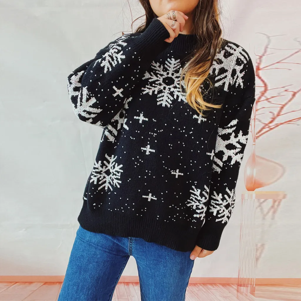 Women's Fashion Christmas Snowflake Round Neck Long Sleeve Knitted Sweater - Black