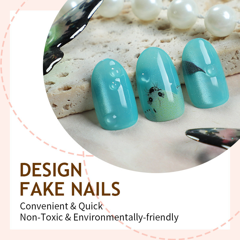 Oval Ocelot Cat-eye Ocean Blue Nail Tips For Wearable Nails