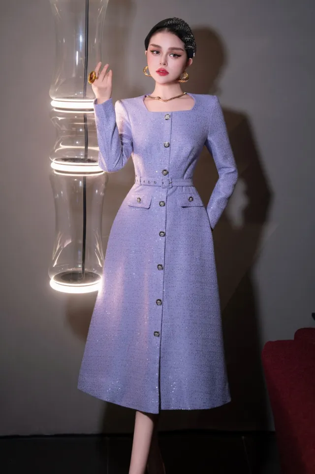 Red Sequin Waist cinching Slimming Square Neck Mid length Elegant Tweed Skirt Lavender Purple - Shop at LoveMi
