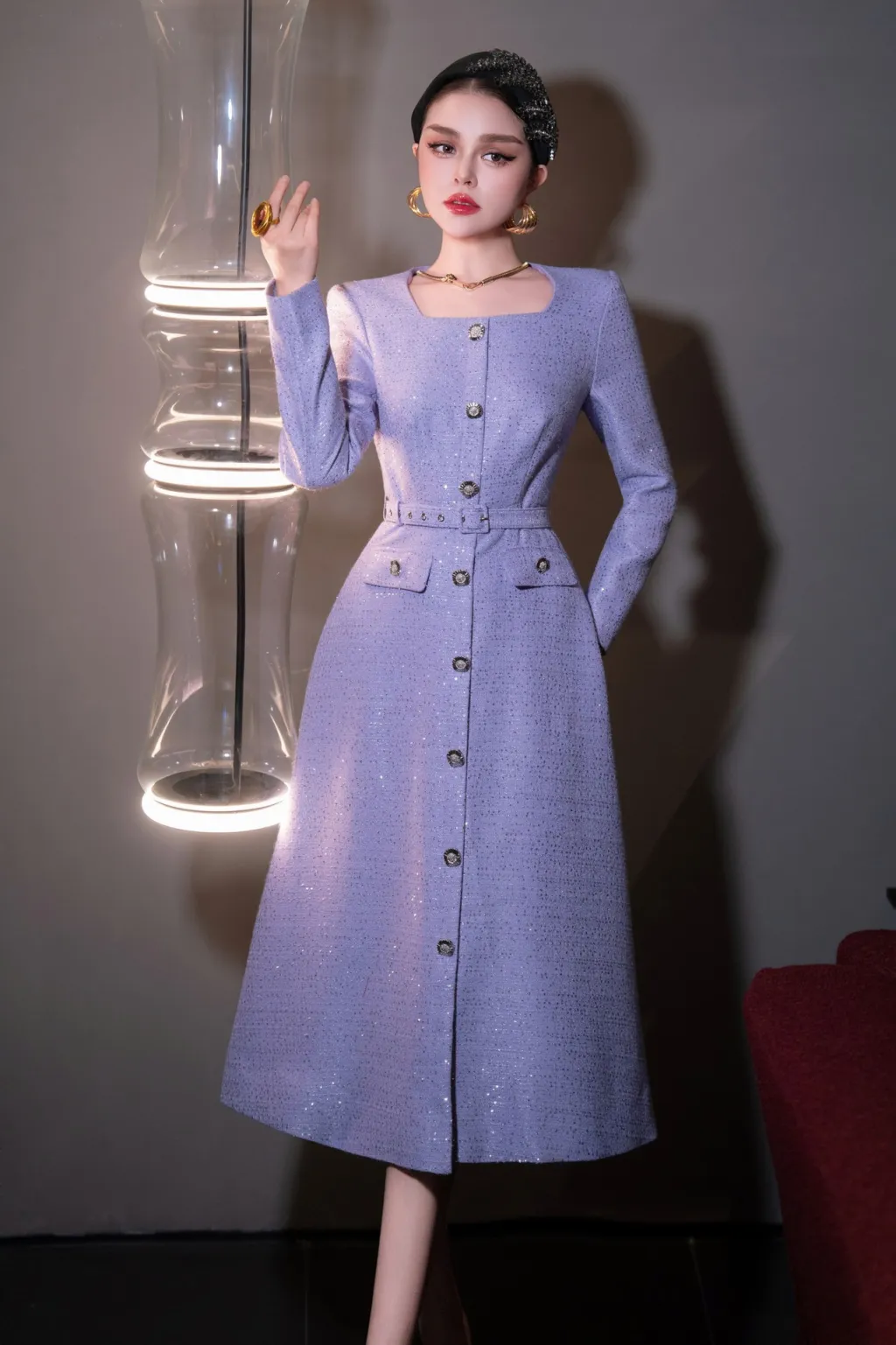 Red Sequin Waist-cinching Slimming Square Neck Mid-length Elegant Tweed Skirt - Lavender Purple