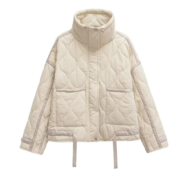 Women's Stand Collar Water Ripple Cotton Jacket Cuff Off White - Shop at LoveMi