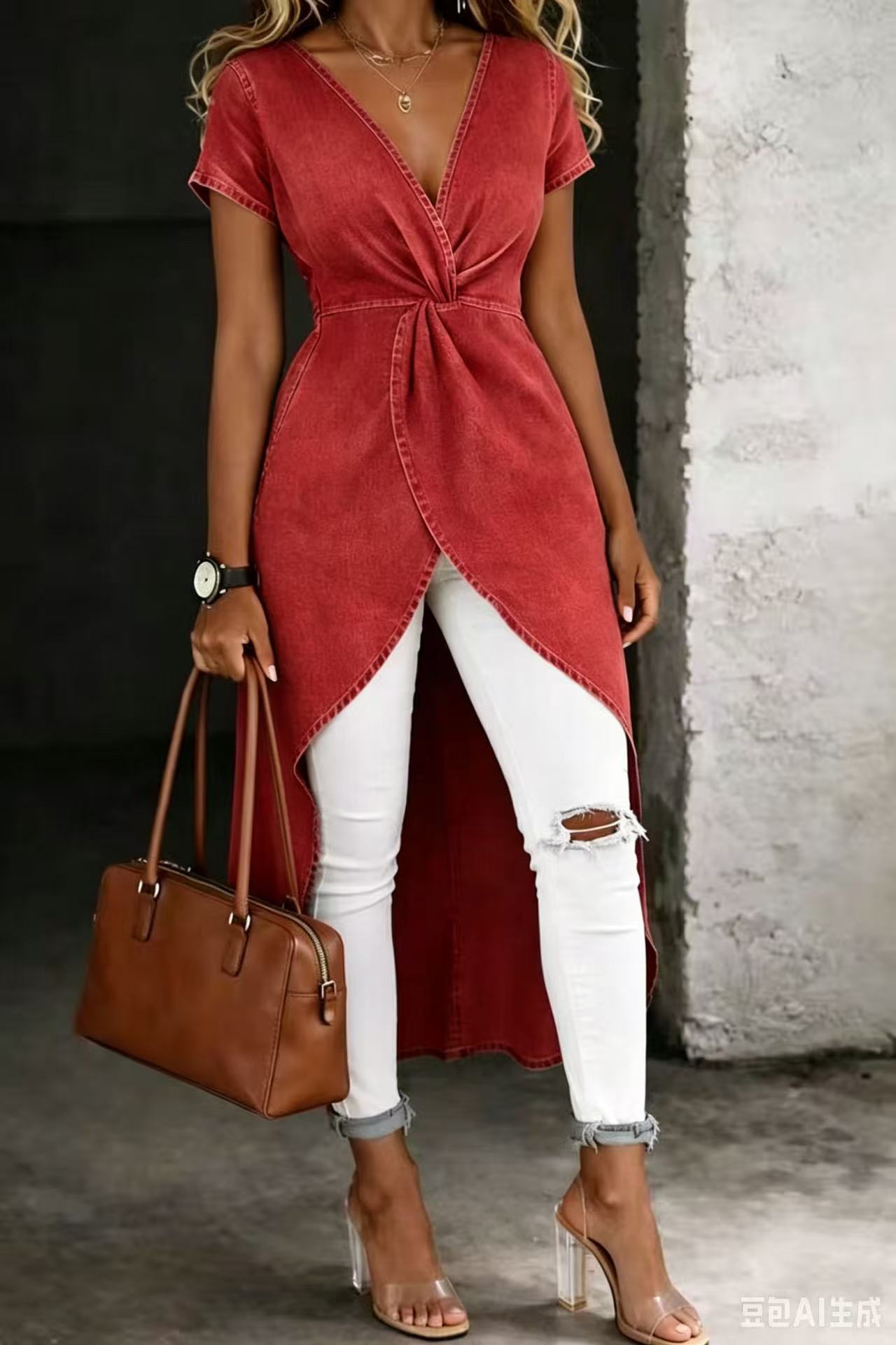 Wrap slit skirt set, model wearing outdoor lifestyle photo