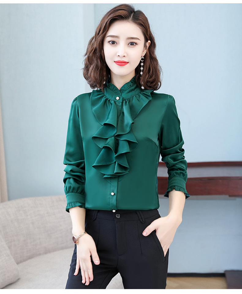 Women's New Style Long-Sleeve Shirt With Stand Collar And Ruffle Trim Top