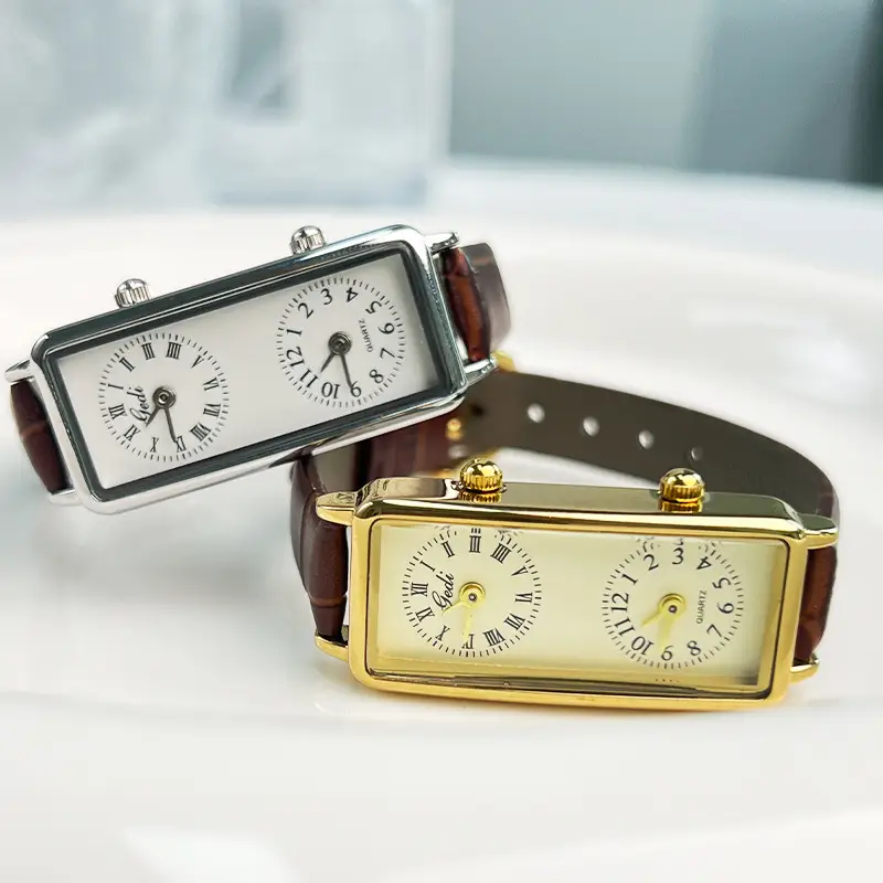 Creative Double Time Zone Business Niche Retro Rectangular High Sense Double Inserts Women's Quartz Watch
