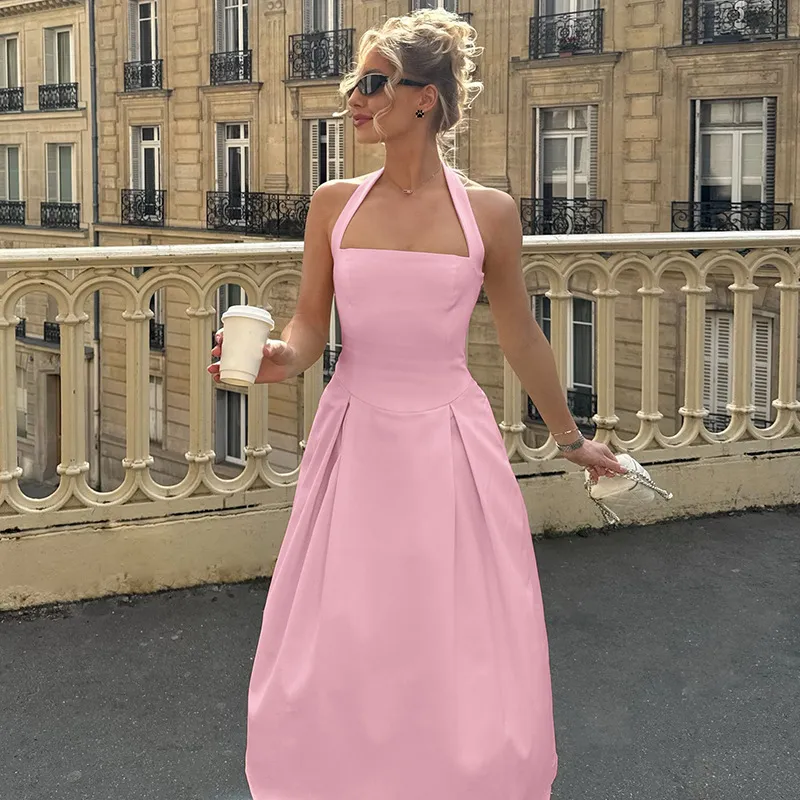 Women's Fashion Sexy Temperament High Waist Halter Tube Top Dress - Pink