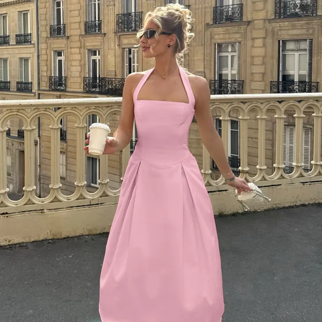 Women's Fashion Sexy Temperament High Waist Halter Tube Top Dress Pink - Shop at LoveMi