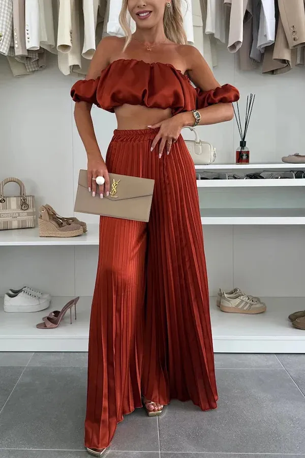 Women's Fashion Satin Tube Top Wide Leg Pants Suit Red - Shop at LoveMi