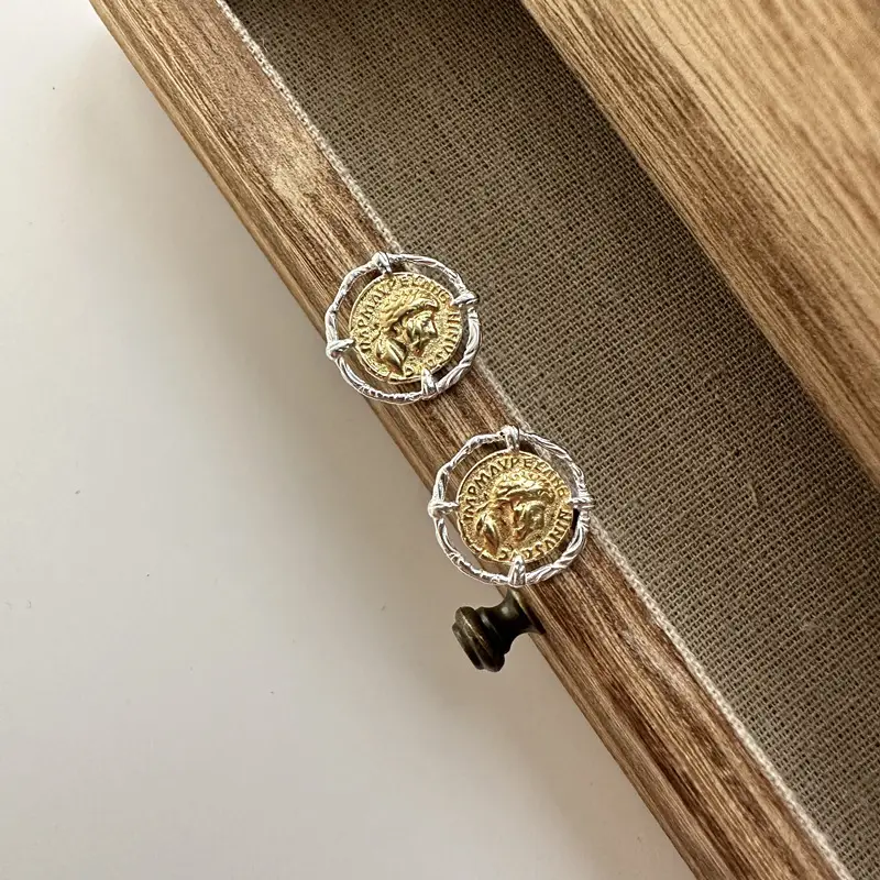 Sterling Silver Tang Grass Pattern Antique Coin Portrait Gold And Silver Contrast Earrings