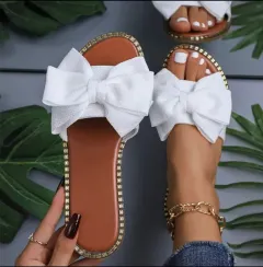 Flat Bottom Rhinestone Bowknot Slippers Women's Cloth Sandals - White - View 1