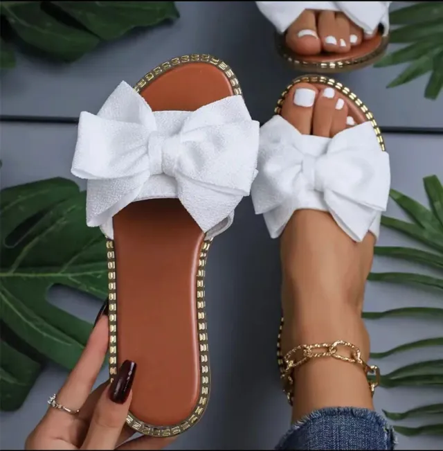 Flat Bottom Rhinestone Bowknot Slippers Women's Cloth Sandals White - Shop at LoveMi