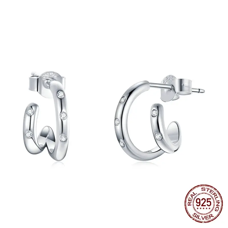 Simple And Popular Lines Geometric Zircon Original Sterling Silver S925 Double Hoop Earrings