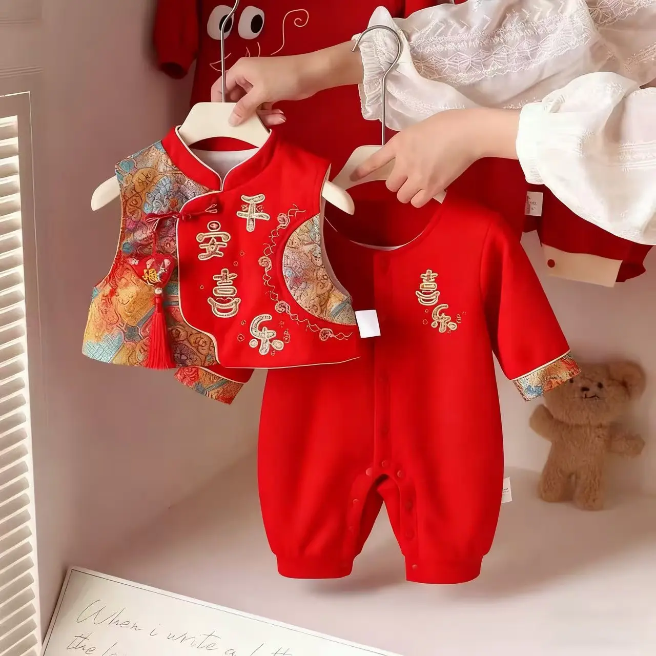 AutumnWinter Red Festive Fleece-Lined Warm RomperCrawling Suit