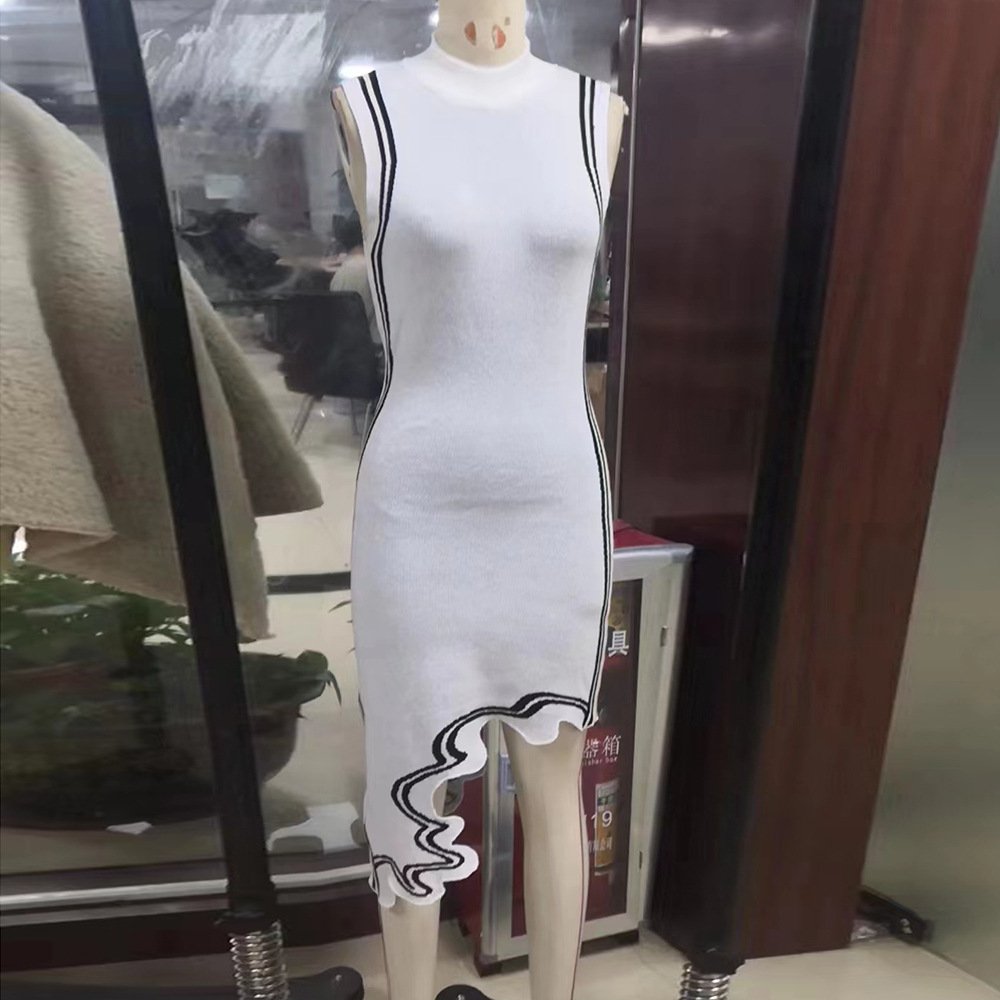 Sleeveless Sweater Color block Stripe Round Neck Long Dress White - Shop at LoveMi