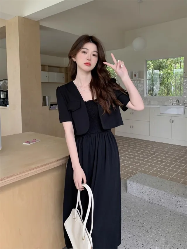 Korean style Fashionable And Stylish Short sleeved Blazer With Dress Set Black - Shop at LoveMi