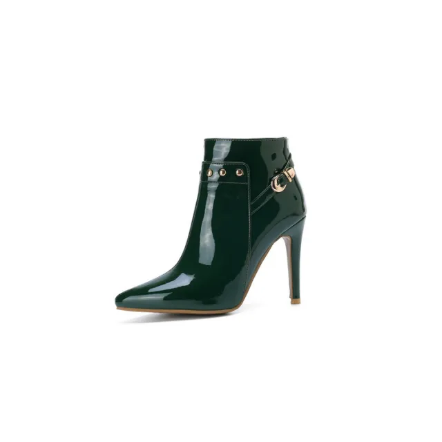 Stiletto heeled Pointed toe Low cut Boots With Metal Studs Green - Shop at LoveMi