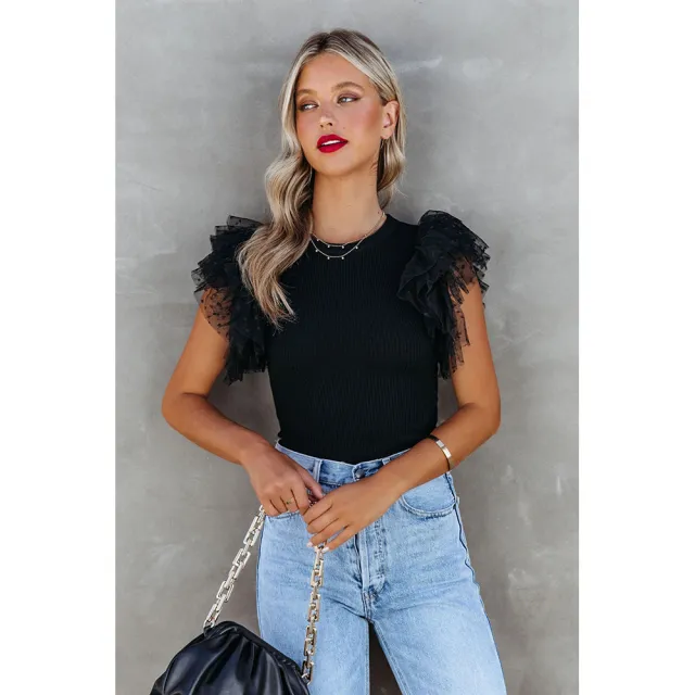 Spring And Summer New Knitted Stitching Mesh Ruffle Sleeve Top European And American Solid Color Round Neck Pullover Black - Shop at LoveMi