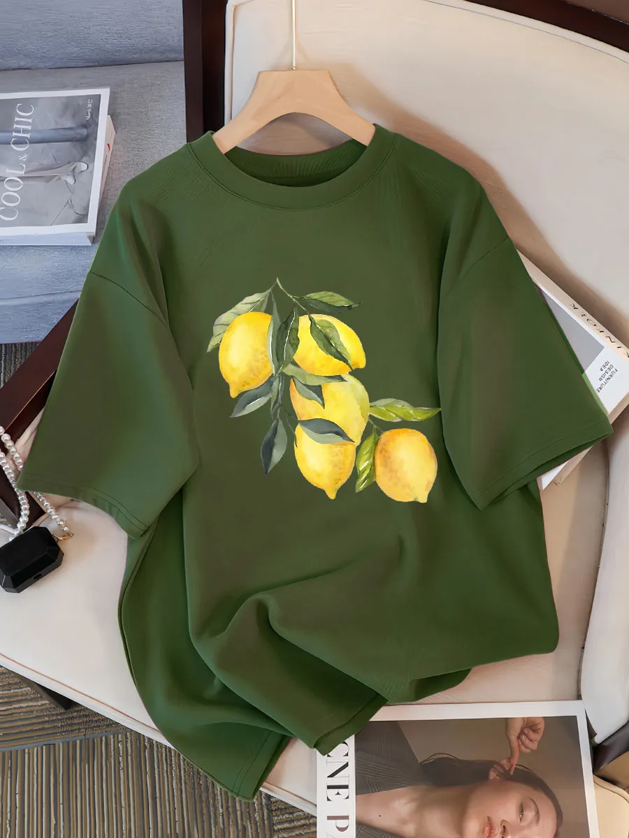 Creative Lemon Pattern T-Shirts Female Casual Soft Tops Fash - Darkgreen