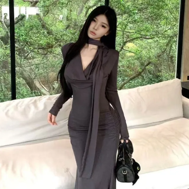 Elegant Cinched waist Pleated Maxi Dress For Women Gray - Shop at LoveMi