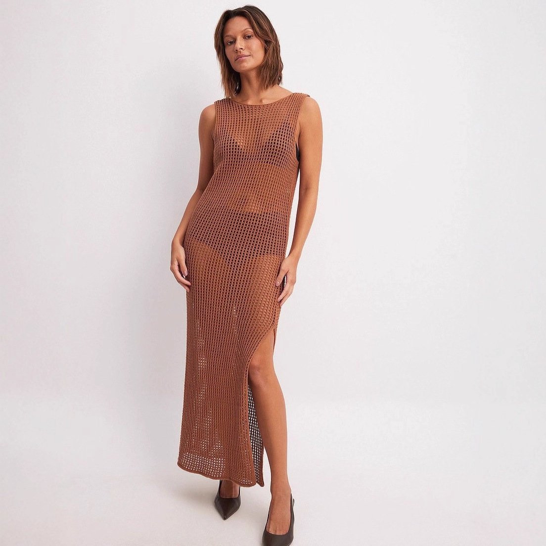New Solid color Hollow out Casual Loose fitting Split Knit Dress Brown - Shop at LoveMi