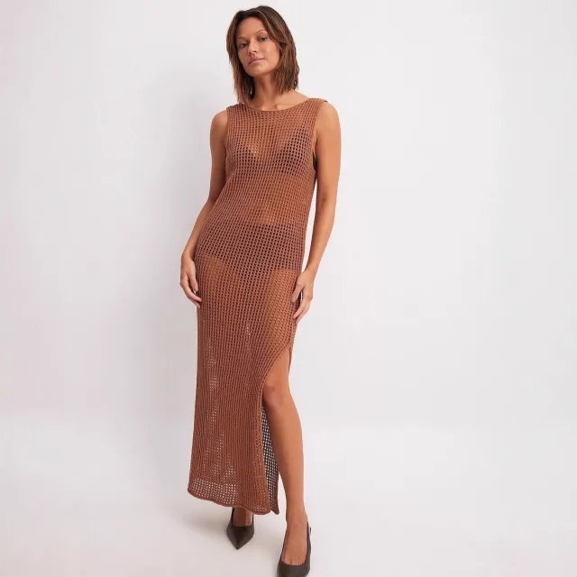 New Solid color Hollow out Casual Loose fitting Split Knit Dress Brown - Shop at LoveMi