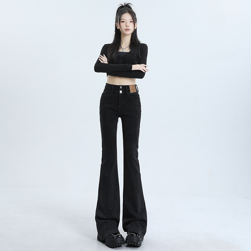 High Waist Slimming Hot Girl Double Buckle Slightly Flared Jeans Women Red - Shop at LoveMi