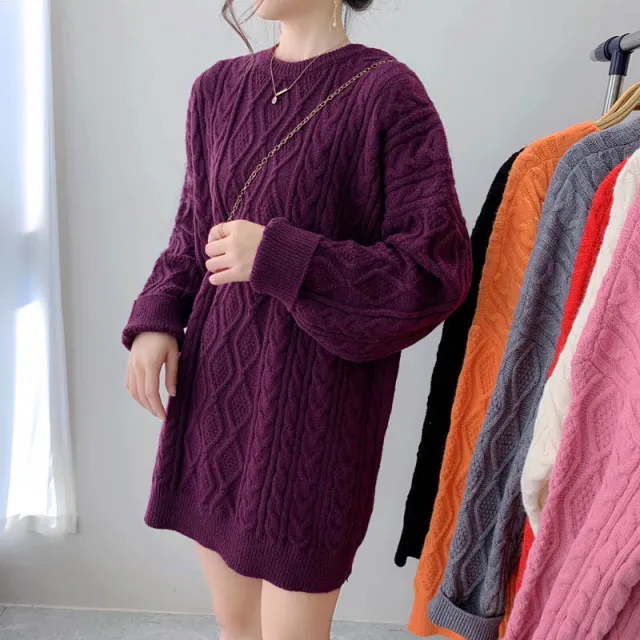 Girls' Mid length Thickened Sweater Korean Style Lazy Style Loose Pullover Solid Color Crew Neck Coat Purple - Shop at LoveMi