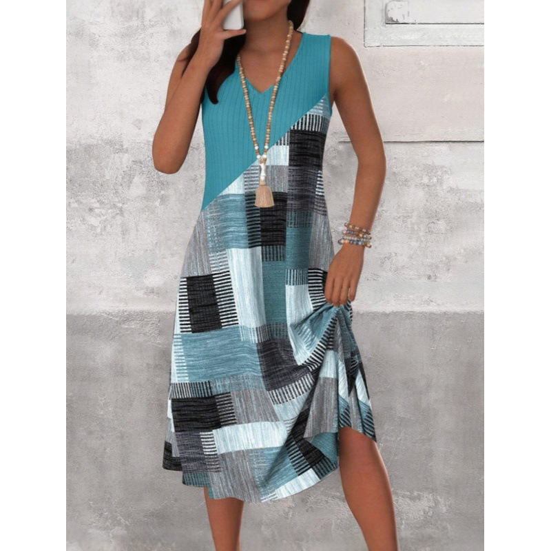 Womens Casual Versatile V-Neck Sleeveless Colorblock Dress