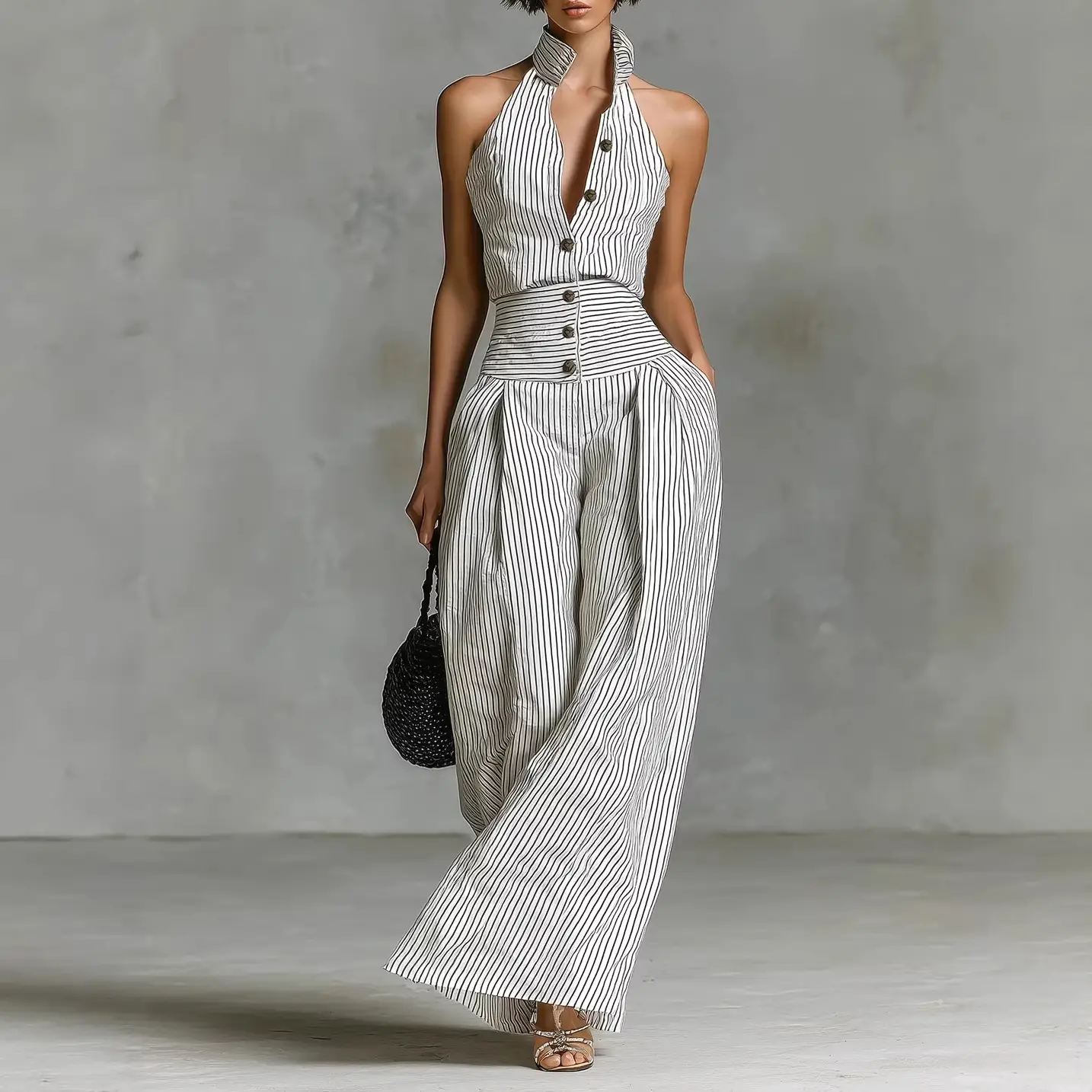 Button-front Sleeveless Shirt High-waisted Wide-leg Slim-fit Jumpsuit