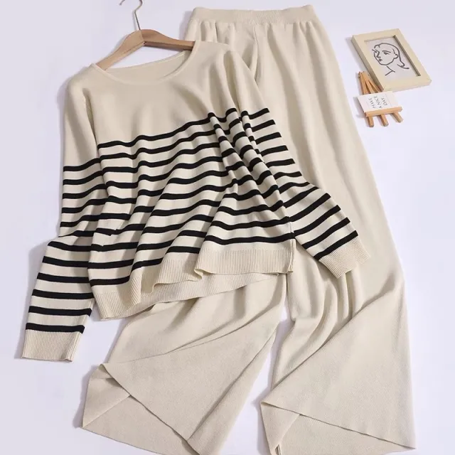Loose Temperament Slimming Round Neck Long Sleeve Striped Top High Waist Wide Leg Trousers Knitted Two piece Women Apricot - Shop at LoveMi