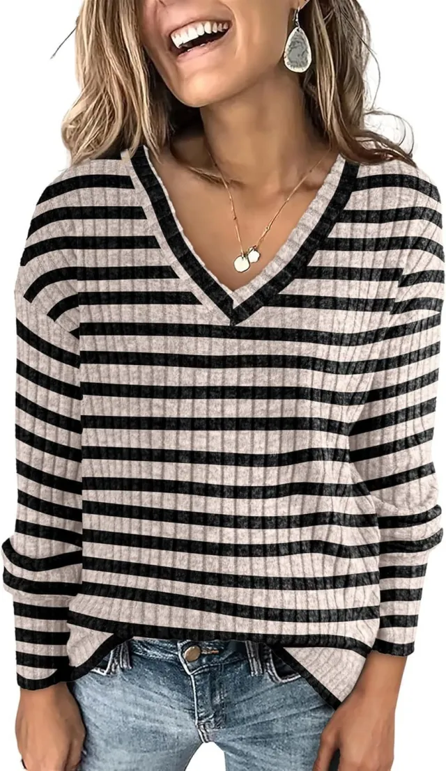 Cotton Striped Color Collision Design V neck Pullover Long Sleeve Top Sweater Black And Gray - Shop at LoveMi