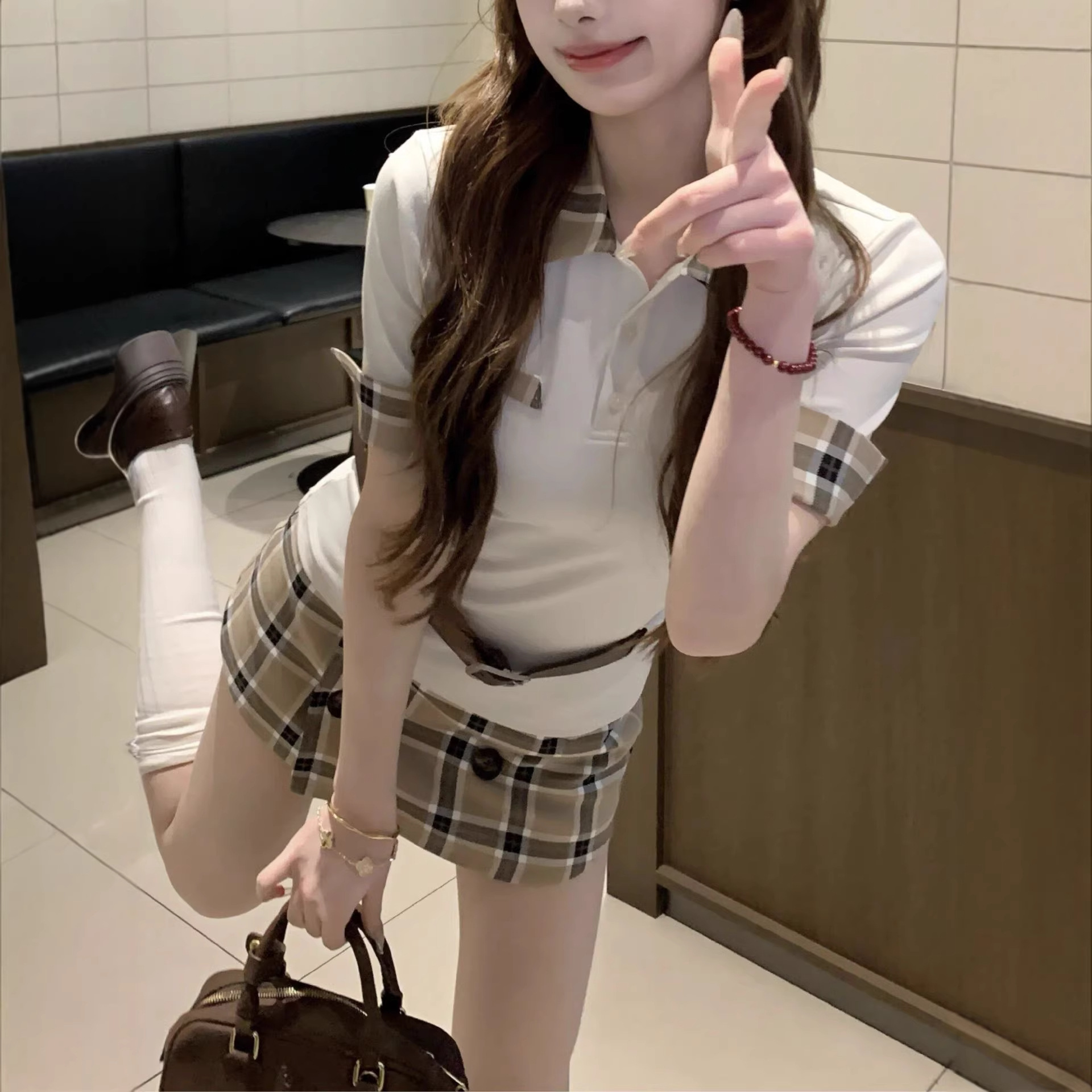 Plaid Patchwork Figure-flattering Top And Skirt Set
