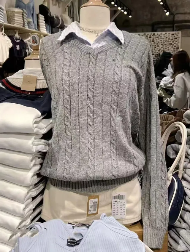 Same Style Autumn And Winter American Twist Pullover V neck Sweater Women's Preppy Style Loose Sweater Top Gray - Shop at LoveMi