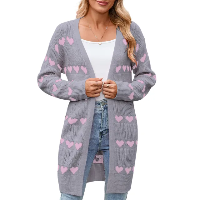Women's Heart shaped Jacquard Cardigan Coat Sweater Gray Powder - Shop at LoveMi