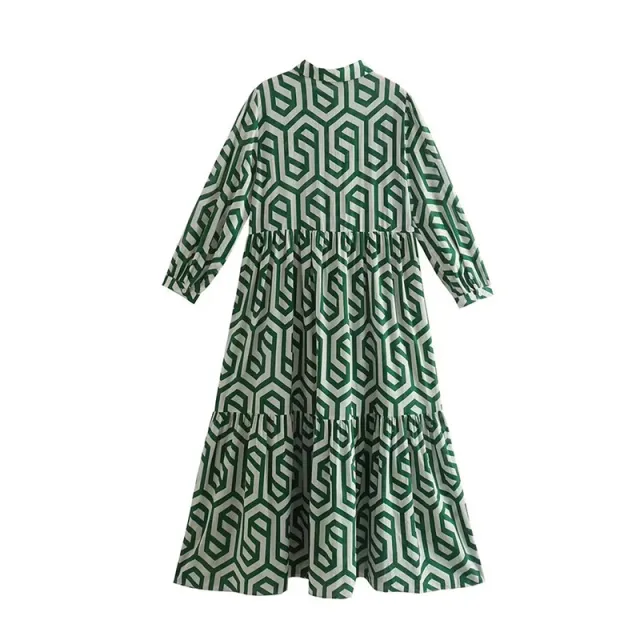 Women's Long Sleeve Turn down Collar Green Geometric Pattern Shirt Dress Green - Shop at LoveMi