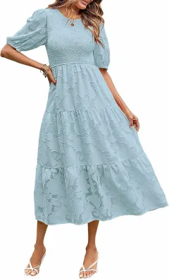 Summer Dress Floral Lace Short Sleeve High Waist - Light Blue - View 1
