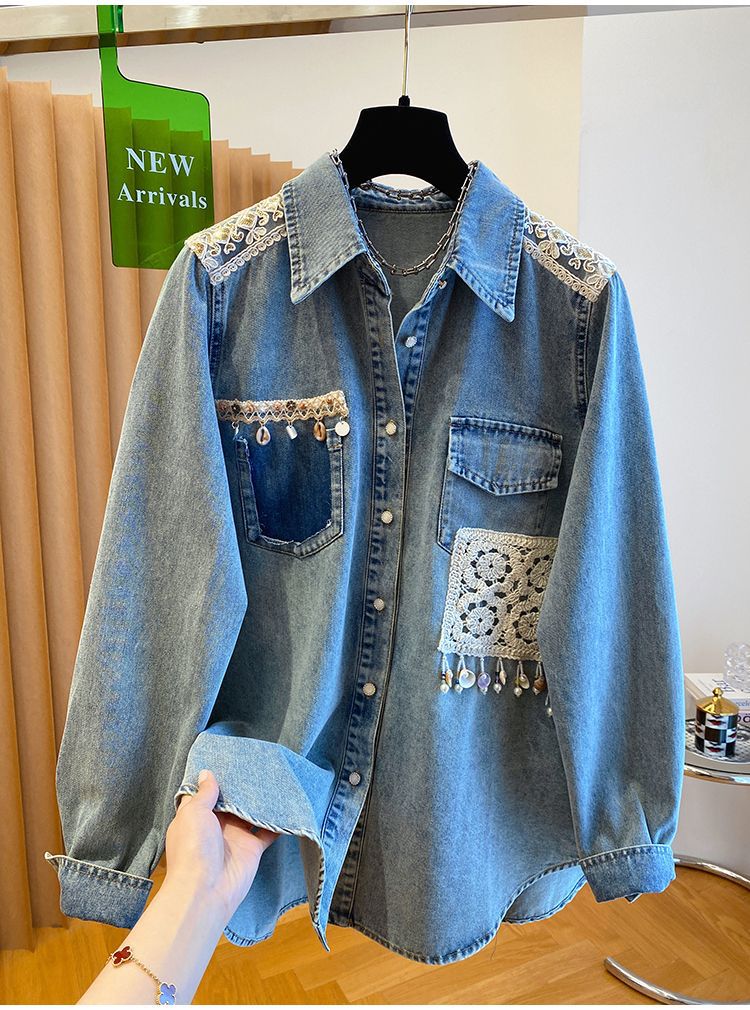 Loose-fit Lace Epaulette Patchwork Shirt Jacket Top Loose-fit Lace Epaulette Patchwork Shirt Jacket Top