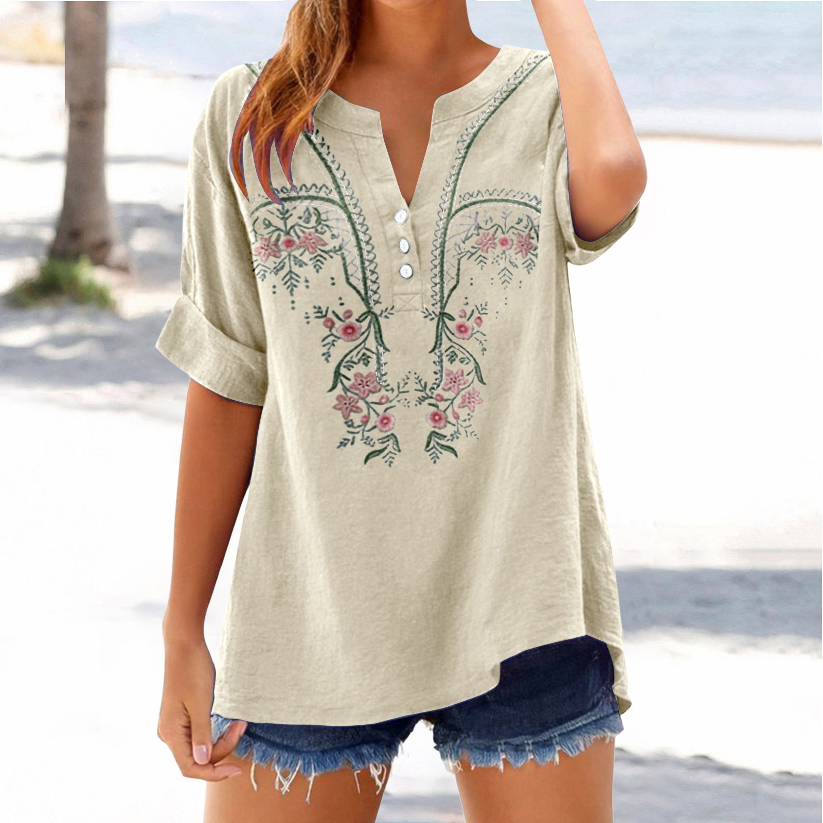Retro Embroidered Solid-Color V-Neck Top — image 1