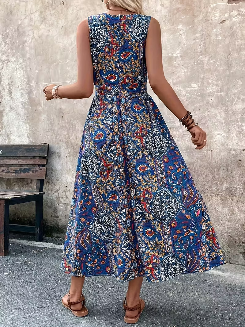 Women's printed jumpsuit styled with accessories – vacation outfit inspo