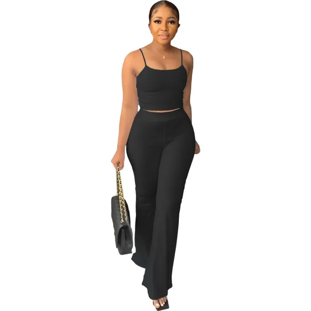 Women's Clothing Solid Color Sling Bell bottom Pants Simple Fashion Suit Black - Shop at LoveMi