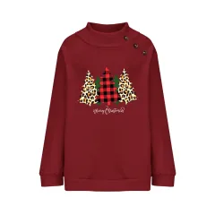 High Round Neck Button Christmas Loose Long Sleeve Sweatershirt Women - Wine Red - View 1
