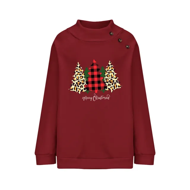 High Round Neck Button Christmas Loose Long Sleeve Sweatershirt Women Wine Red - Shop at LoveMi